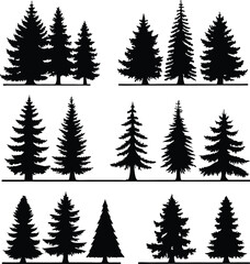 Silhouette of Evergreen Trees Set on White Background,Pine fir tree tall tree isolated premium vector image, black and white tree silhouettes,coniferous trees, pine trees,fir trees silhouettes set,Ai