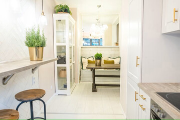 Modern living room interior with kitchen