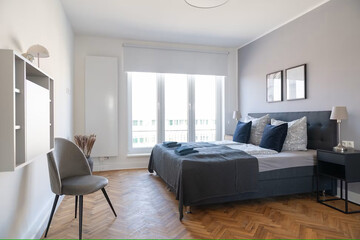 Modern luxury bedroom interior in minimal scandinavian style, 3d render