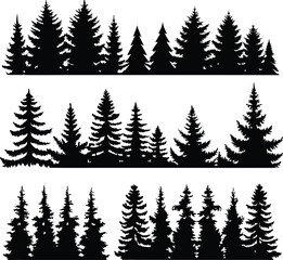 Obraz premium Silhouette of Evergreen Trees Set on White Background,Pine fir tree tall tree isolated premium vector image, black and white tree silhouettes,coniferous trees, pine trees,fir trees silhouettes set,Ai