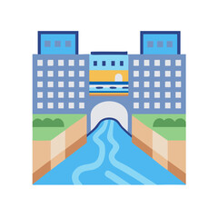 Naklejka premium Urban water supply building with channel icon illustrating a city infrastructure for water treatment and distribution, vector illustration
