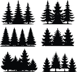 Obraz premium Silhouette of Evergreen Trees Set on White Background,Pine fir tree tall tree isolated premium vector image, black and white tree silhouettes,coniferous trees, pine trees,fir trees silhouettes set,Ai