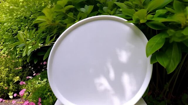 Large, round, white platter outdoors