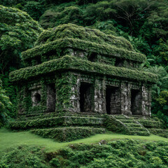 mysterious jungle ruins overgrown with vines and moss