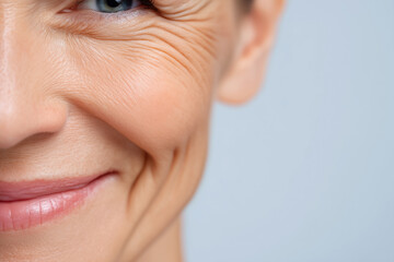 Woman smiling warmly while displaying laugh lines and wrinkles. Soft studio lighting highlights natural beauty. Clear space on top-right for copy or branding. Concept of beauty, skincare, wellness