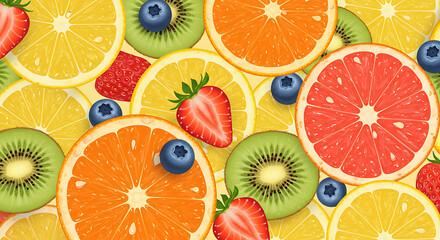 A seamless pattern of colorful fruit slices, including oranges, lemons, and grapefruits, on a fresh background