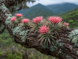 colorful jungle flowers (e.g., orchids, bromeliads) growing on tree trunks and branches