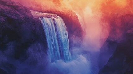 Majestic waterfall cascading down dramatic cliffs bathed in vibrant sunset hues