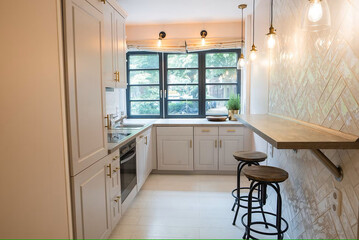 Modern luxury kitchen interior in minimal scandinavian style, 3d render