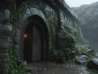 mysterious jungle cave entrance hidden behind thick vines and foliage