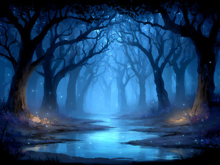 mysterious jungle swamp with still, murky water, tangled roots, and mist hanging in the air
