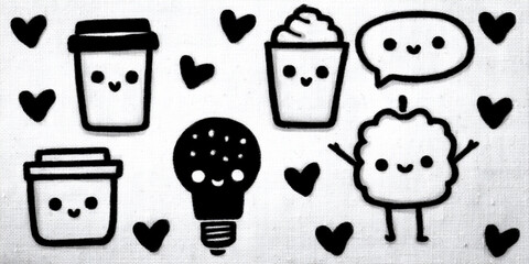 seamless pattern of hand-drawn whimsical doodles of everyday objects (e.g., coffee cups