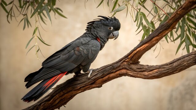 Black Parrot with Red Tail Feathers Perched on Branch &ndash; Exotic Bird with Crest in Rustic Outdoor Setting