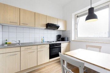 Modern luxury kitchen interior in minimal scandinavian style, 3d render