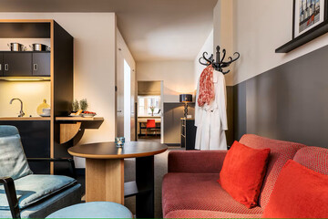 Modern luxury apartment interior in minimal scandinavian style, 3d rendering