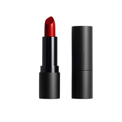 minimalist lipstick stock with red lipstick with  black cap , red lipstick beauty product photography, red lipstick for skincare and cosmetic stock image in black packaging 
