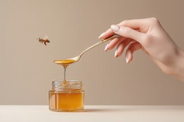 A hand and a honey jar and a spoon dripping with golden amber liquid, with a small bee flying around the jar, against a neutral beige.