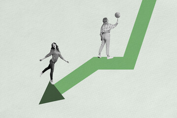 Template banner collage of person stand down arrows with coin on green background