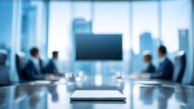 Diverse team collaborating in glass-walled conference room discussing presentation. Bright natural light fills space, creating focused atmosphere