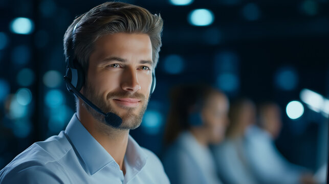 Agent interacts with clients in vibrant call center filled with headset-wearing colleagues. Balanced cool lighting creates professional atmosphere