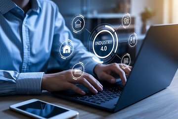 Business Professional Typing on Laptop with Glowing Industry 4.0 Interface – AI, Web 3.0, and Digital Innovation Concept

