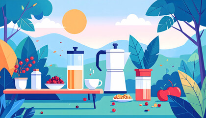 Summer Morning Breakfast Outdoors: Pixel Art Illustration of Tea and Coffee on a Table Surrounded by Lush Greenery and Mountains