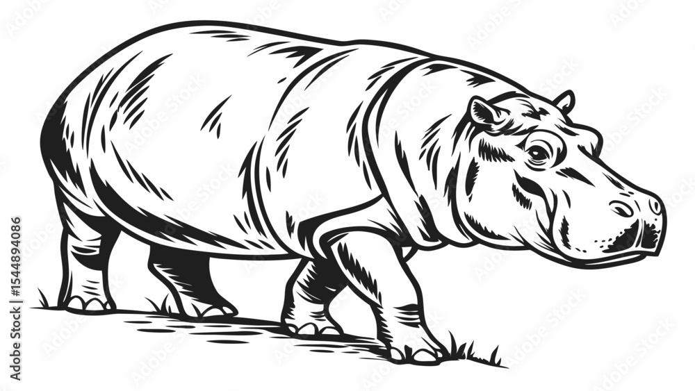 Poster illustration of a hippopotamus walking with detailed line work and shading on a white background ima