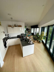 Modern luxury kitchen interior in minimal scandinavian style, 3d render