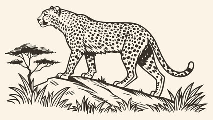 Illustration of a cheetah walking on a rock with a tree and grass in the background in black and white created with generated ai