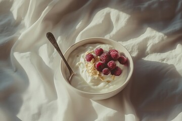 Simple breakfast: Bowl of plain yogurt with a few berries, silver spoon, on a white tablecloth.