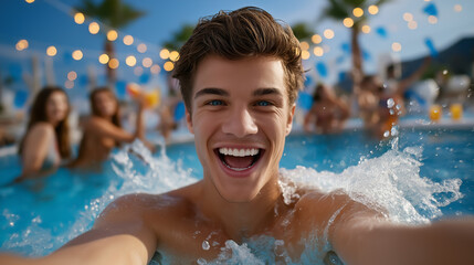 Young adult jumps joyfully into shimmering water surrounded by friends. Warm dusk setting with string lights creates festive atmosphere. Concept of party, friendship, summer fun