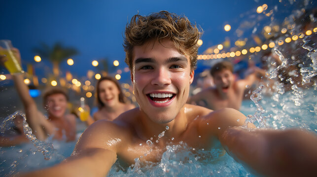 Group of young adults having fun in swimming pool at dusk. One person jumps into water creating splashes. String lights add tropical vibe. Concept of party, entertainment, social events