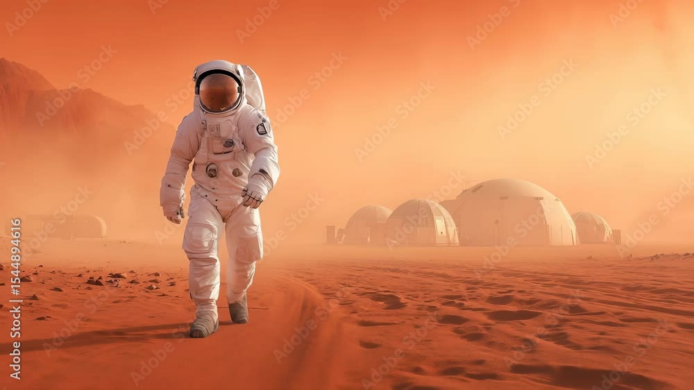 Poster astronaut walking on red planet surface near habitat modules during dust storm with rocky terrainof 