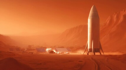 Spacecraft landed on rocky desert terrain with modular research base, solar panels, mountain range in background during dust storm conditions. - Powered by Adobe