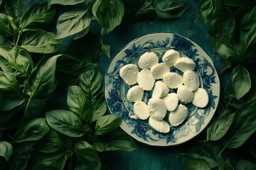 high detail picture of basil leaves and mozzarella on a plate