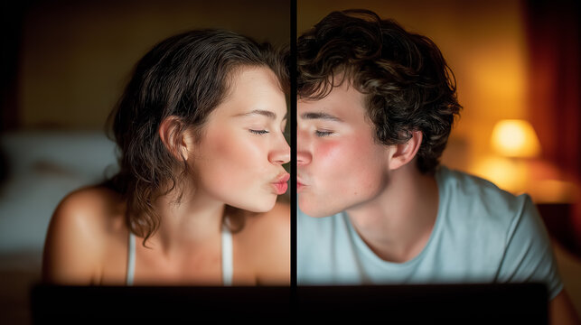 Couple blowing kisses to each other on video call, showcasing long-distance affection. Intimate bedroom setting with soft light creating a warm atmosphere