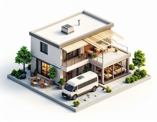 Modern two story house with patio van and landscaping Isometric view illustration