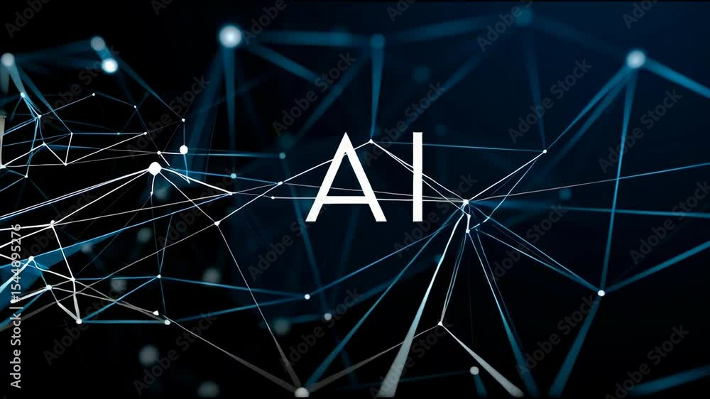 Poster digital technology background with blue glowing ai letters on a dark blue digital network, represent