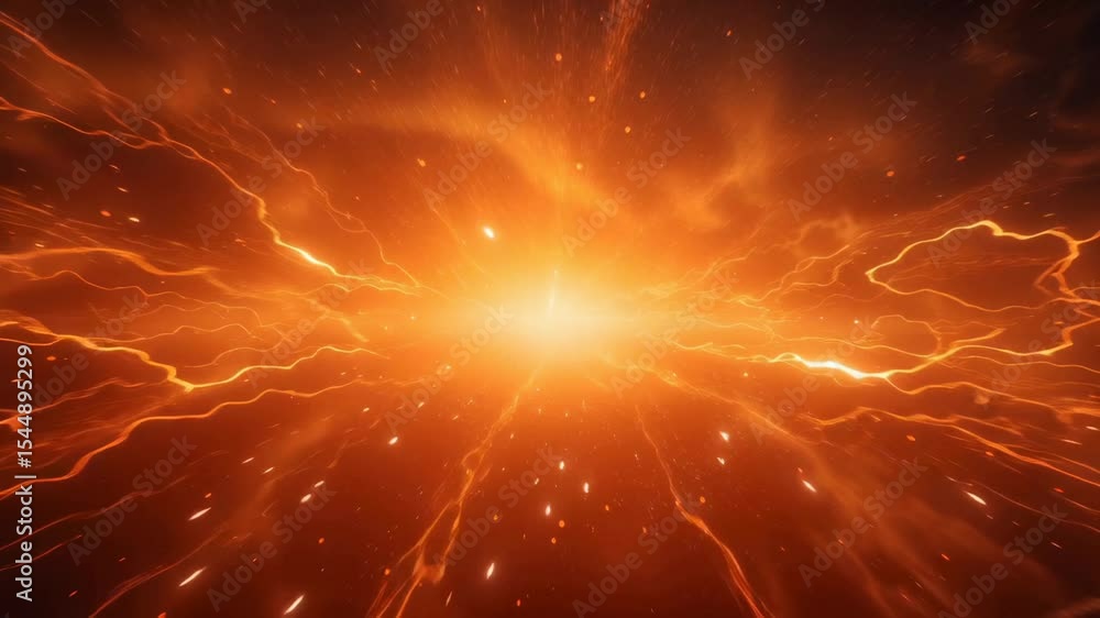 Poster intense orange-red explosion with radial lightning-like energy streams expanding from central bright