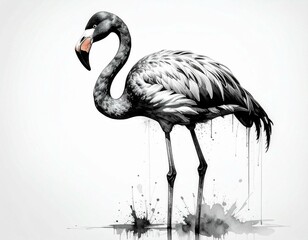 Monochrome illustration of a flamingo standing in water black and white artistic splash