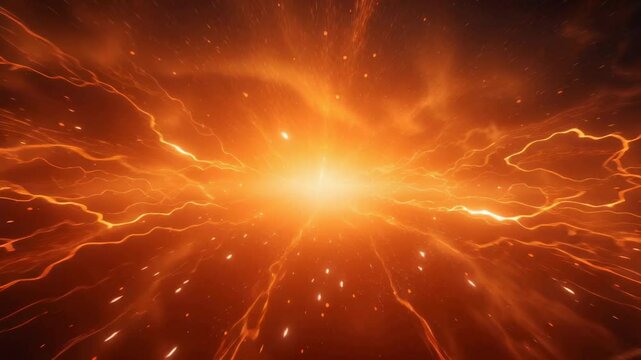 Intense orange-red explosion with radial lightning-like energy streams expanding from central bright point. Dynamic light particles and electrical energy patterns spreading across dark background.