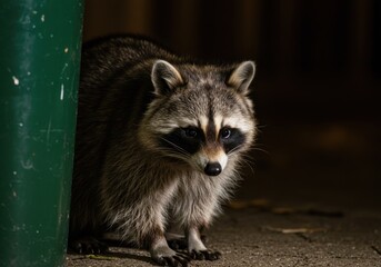Raccoon crouching near a green trash can in a dimly lit urban alleyway