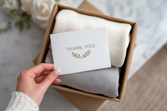 Hand placing thank-you card atop folded clothing inside a neutral package surrounded by a minimalist workspace. Concept of gift packaging, retail, online store