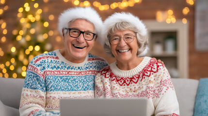 Grandparents smiling while making a video call surrounded by family in festive Christmas pajamas. Cozy holiday atmosphere with warm lighting and decorations