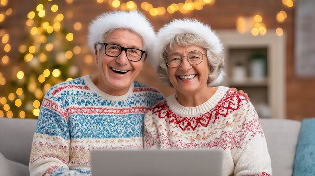 Grandparents smiling while making a video call surrounded by family in festive Christmas pajamas. Cozy holiday atmosphere with warm lighting and decorations