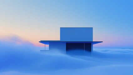 Modern house perched atop a sea of clouds at dawn.