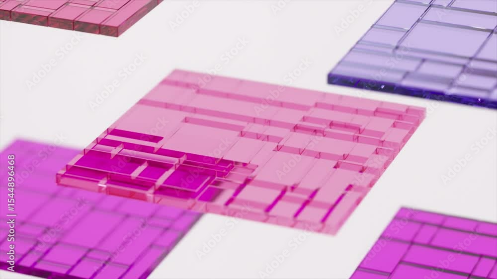 Poster transparent pink and purple glass plates with a grid pattern are rotating on a white background, cre