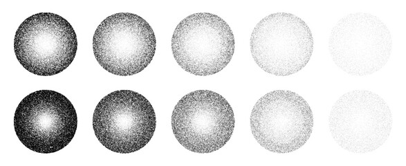 Black stipple dot globe texture set. Halftone gradient vector sphere with random noise. Circle shape isolated on white for design.
