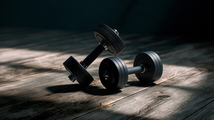 Dumbbells Resting on Wooden Floor in Sunlight for Fitness
