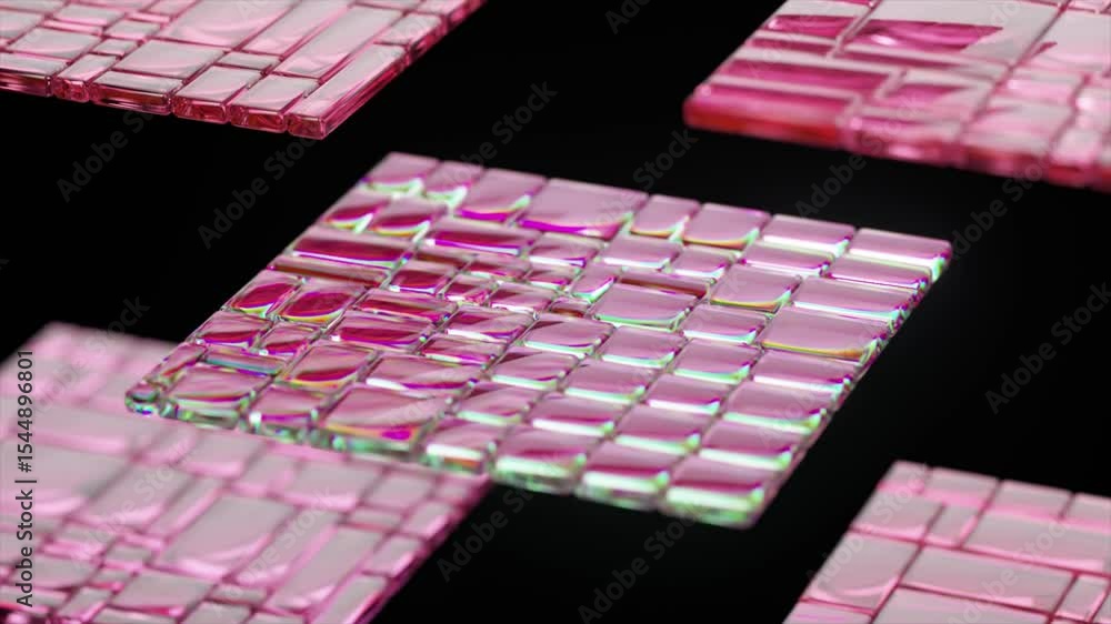 Poster pink iridescent tiles are rotating on a black background, creating a mesmerizing visual effect with 